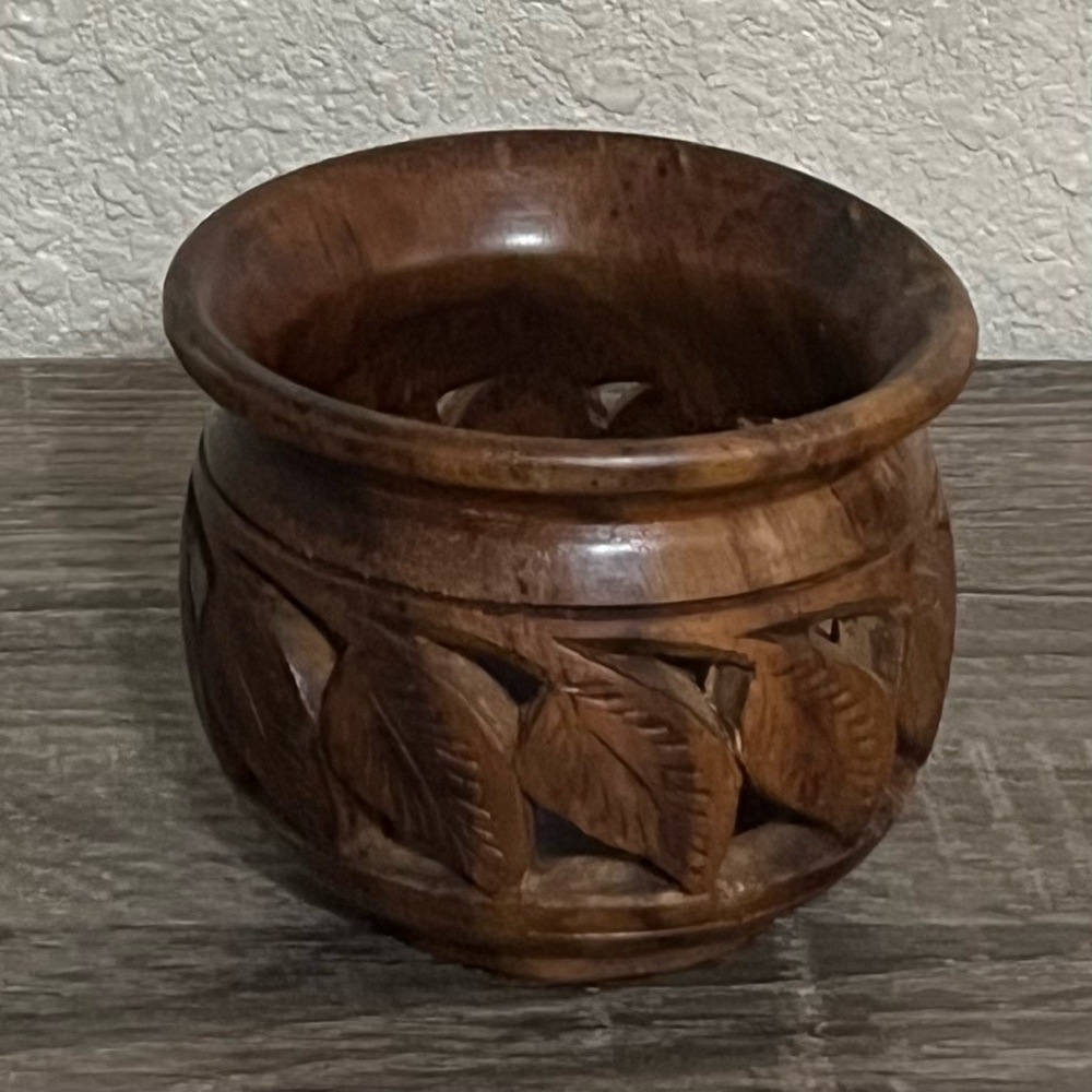 Hand Carved Wooden Acadia Candle Holder With Cutout Leaves Bohemian Decor - Picture 3 of 9